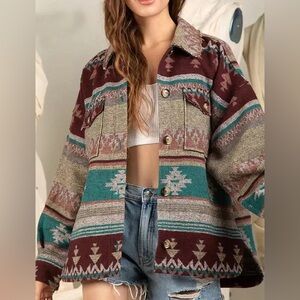 New in Western Aztec print jacket distressed raw edging